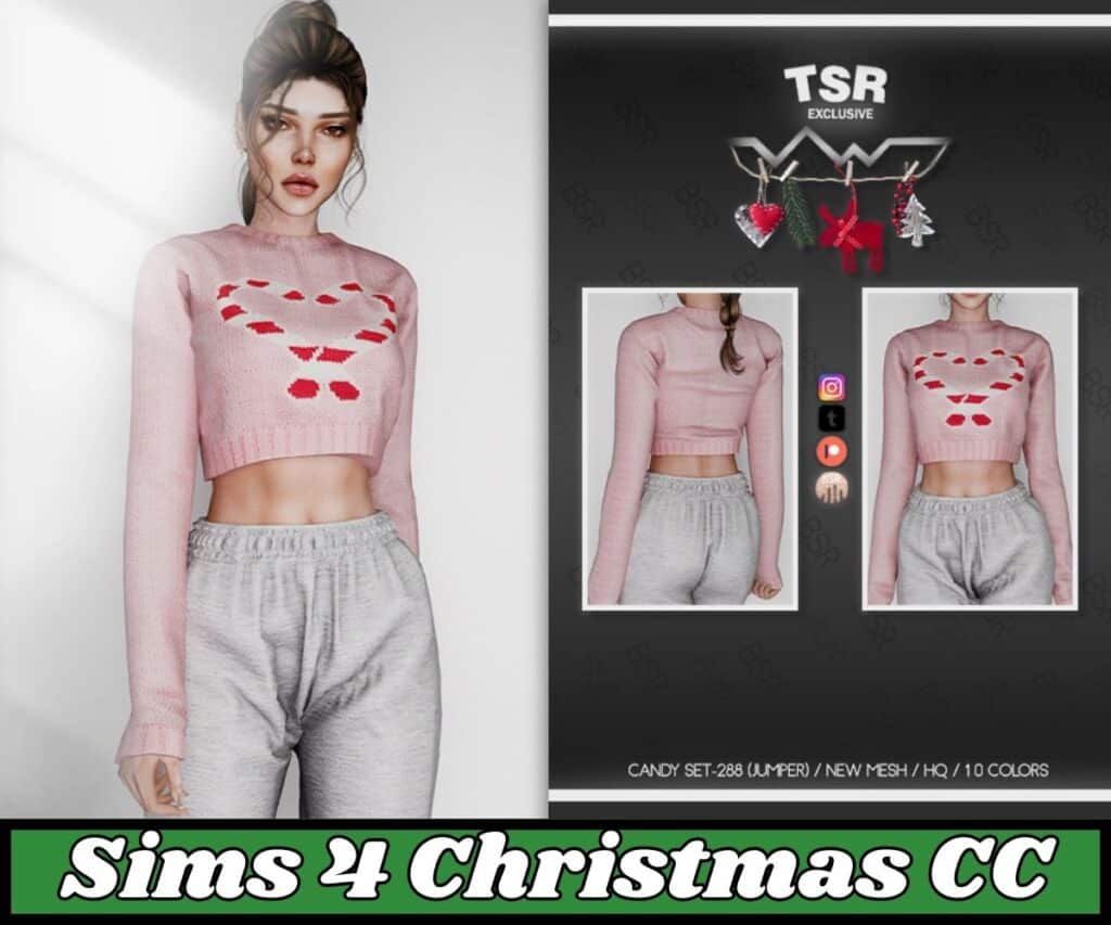 female sim in Sims 4 wearing sweater with candy canes