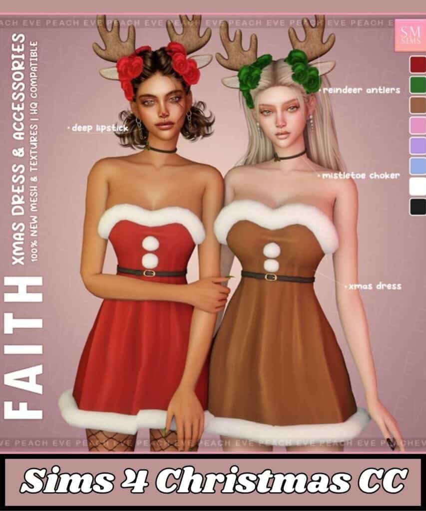 Female sims wearing Santa claus xmas dresses and wearing antlers