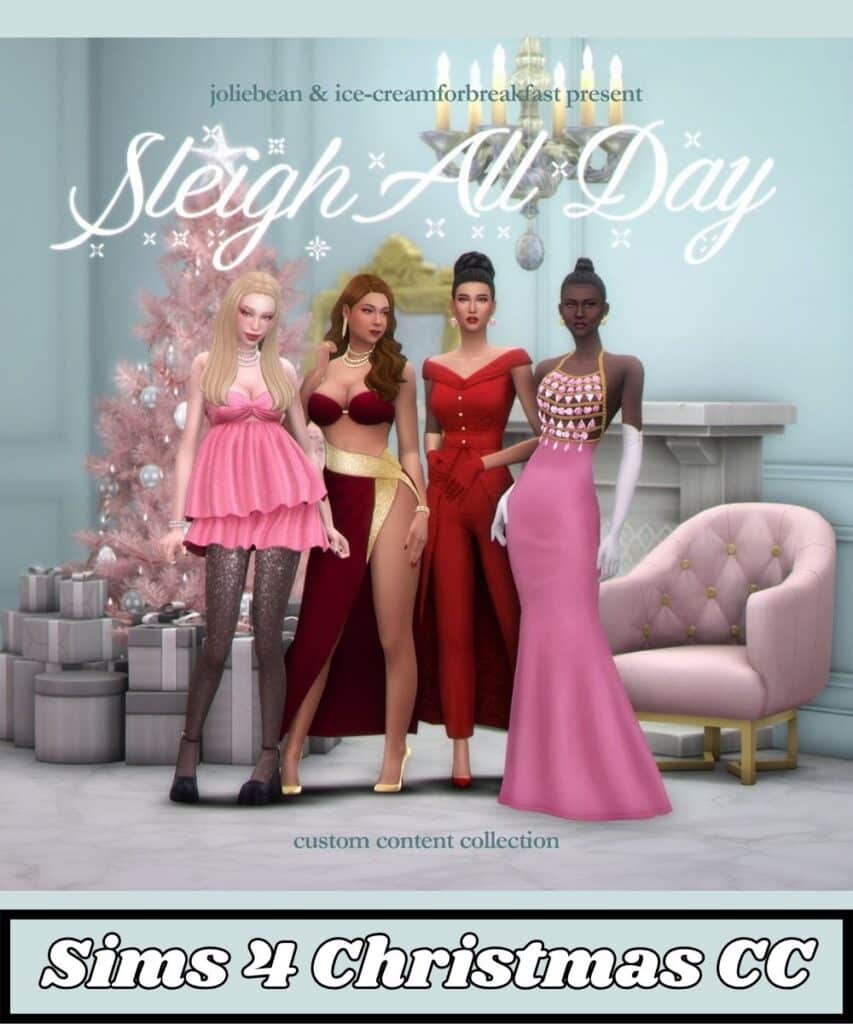 Female sims wearing Sims 4 dresses and party wear for winter season