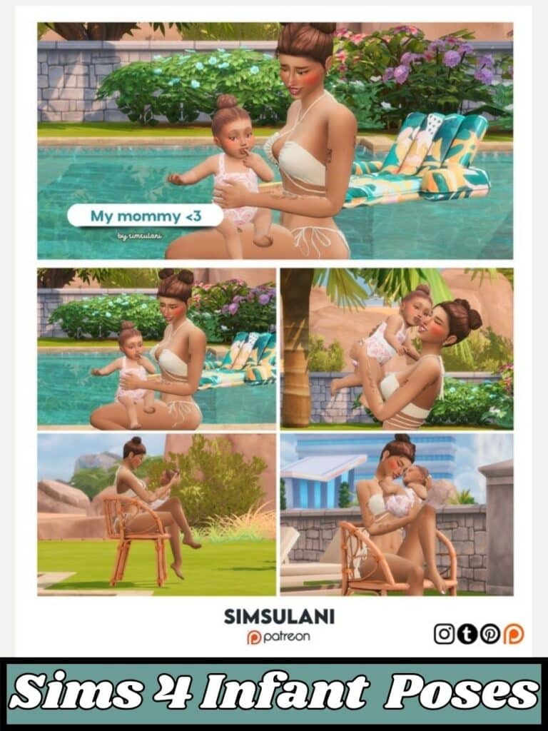 sims 4 pose pack for mommy sim and her baby sim while they play at the pool