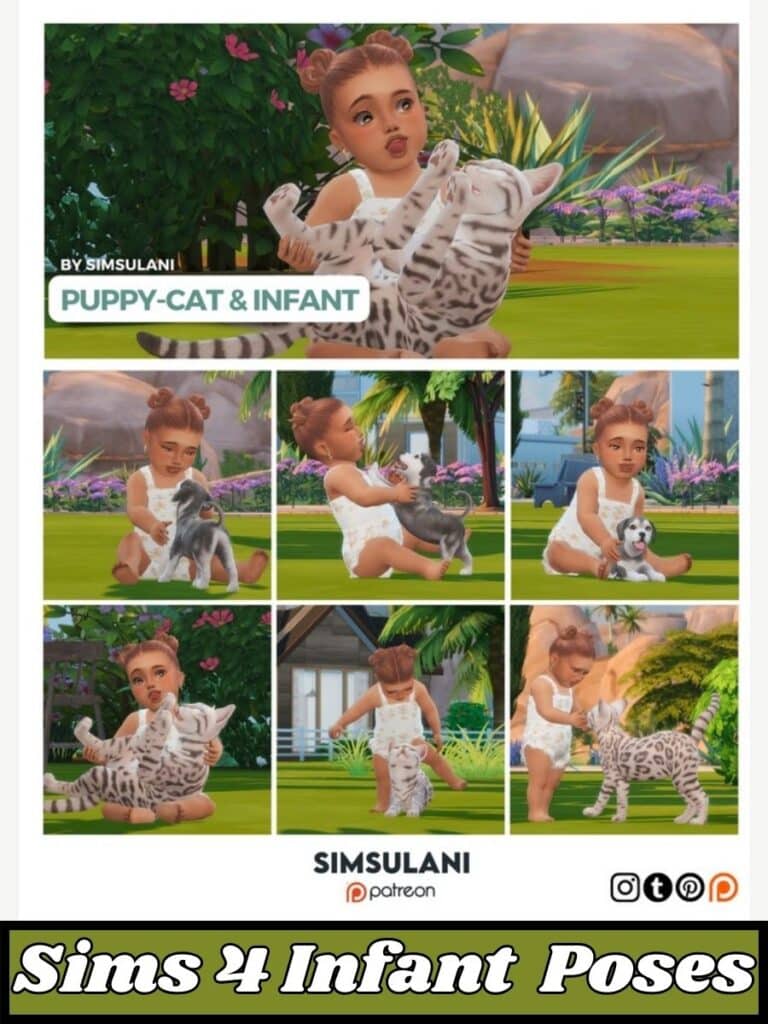 sims 4 infant with her pet kitty and puppy as they pose