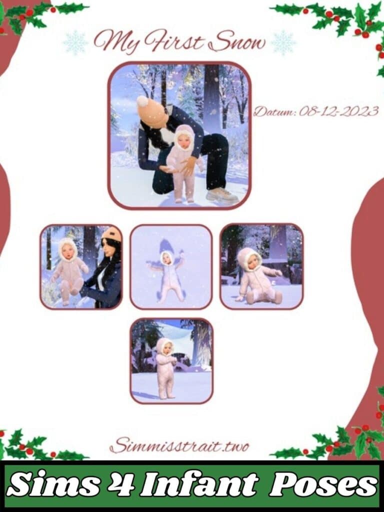 a female sim and her baby sim in the snow for a pose pack